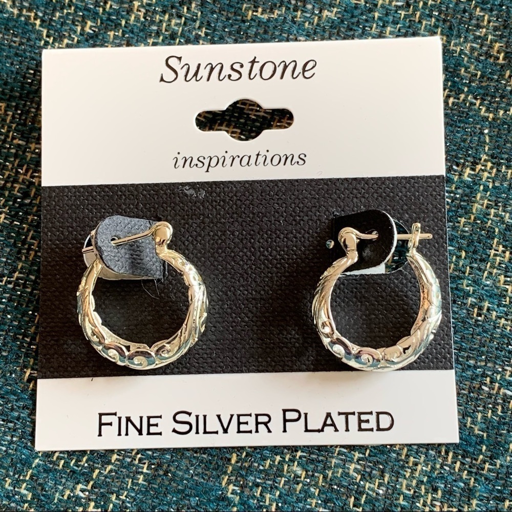 Filigree silver small hoop post earrings new classic minimalist silver plated - Picture 6 of 6